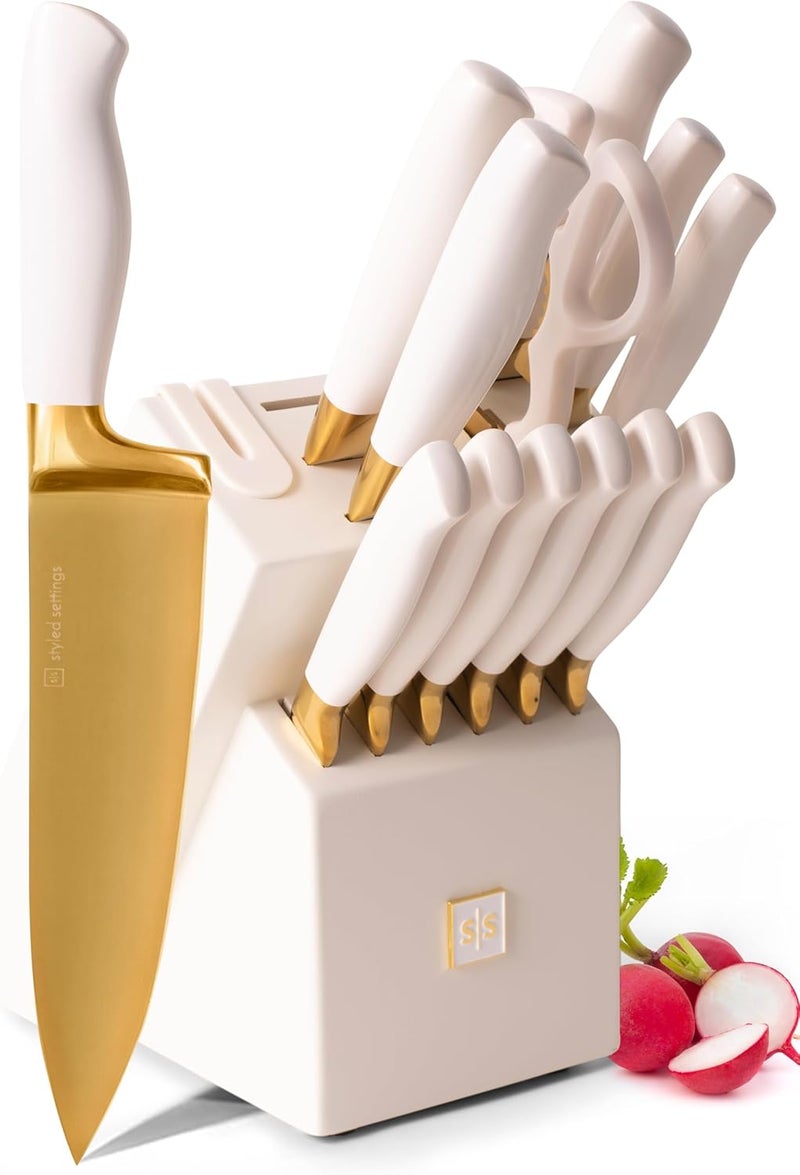 styled settings White and Gold Knife Set with Block - 14-Piece White Knife Set with Block and Built-In Sharpener – Titanium-Coated High Carbon Stainless Steel Blades - Gold Kitchen Accessories - Great for Gifting - Image 1
